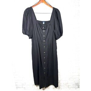 Old Navy Black Smocked Midi Dress XL Puff Sleeve Button Front Cottagecore NWT